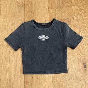 Miss Me Cropped Tee Distressed Neck Cross Size S Gray